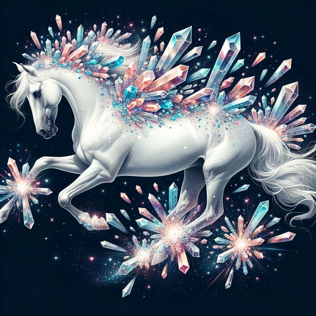 a horse, covered in exploding crystals